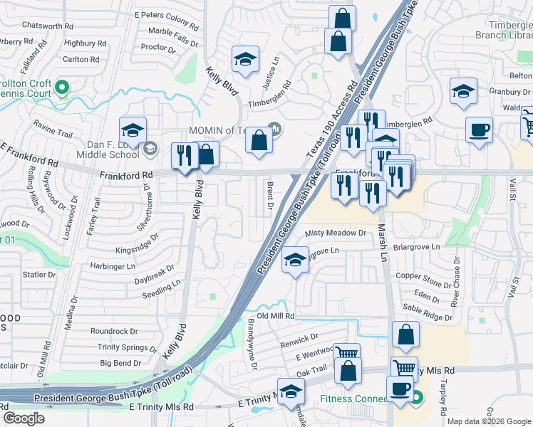 map of restaurants, bars, coffee shops, grocery stores, and more near 17918 Mary Margaret Street in Dallas