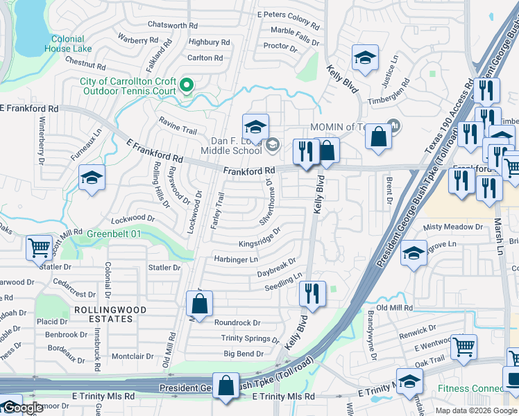 map of restaurants, bars, coffee shops, grocery stores, and more near 2567 Sundance Lane in Dallas