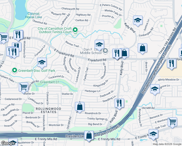 map of restaurants, bars, coffee shops, grocery stores, and more near 2527 Sundance Lane in Dallas
