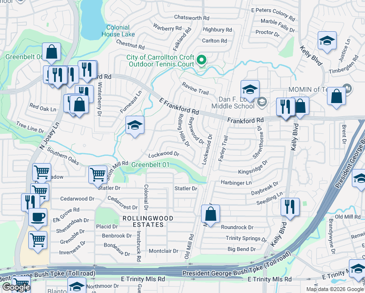 map of restaurants, bars, coffee shops, grocery stores, and more near 2922 Rolling Hills Drive in Carrollton