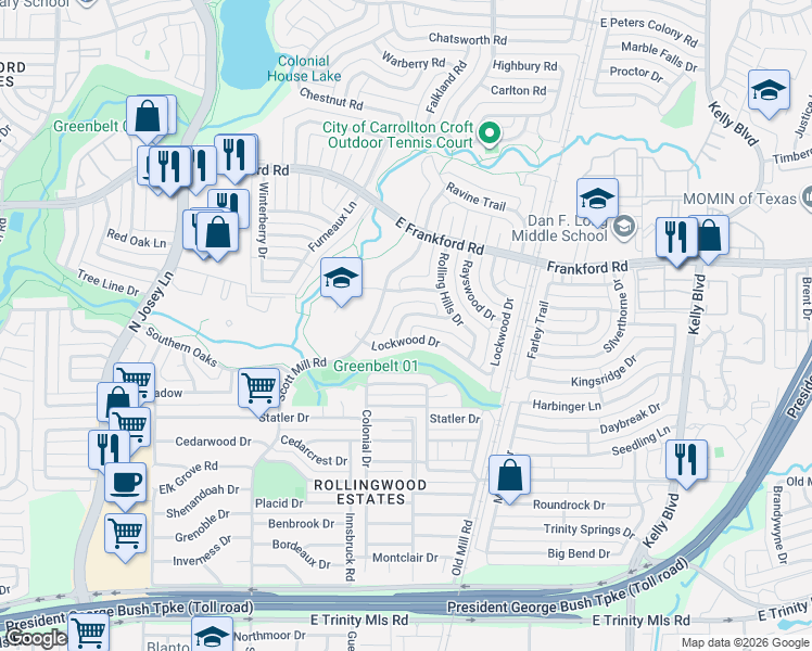 map of restaurants, bars, coffee shops, grocery stores, and more near 2919 Mill Trail in Carrollton