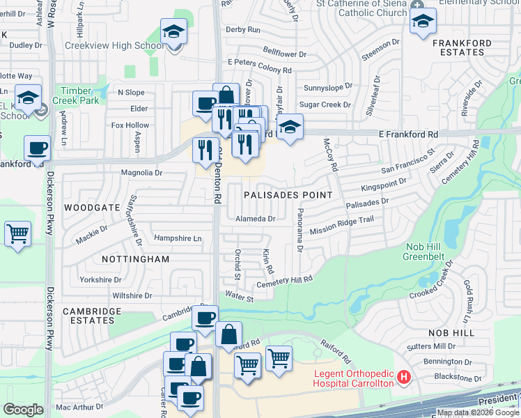 map of restaurants, bars, coffee shops, grocery stores, and more near 2919 Peninsula Way in Carrollton