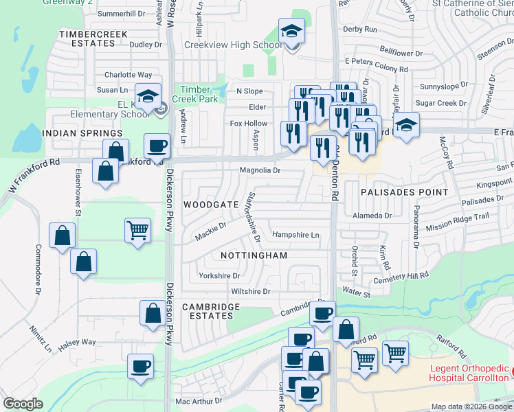 map of restaurants, bars, coffee shops, grocery stores, and more near 1038 Clinton Street in Carrollton