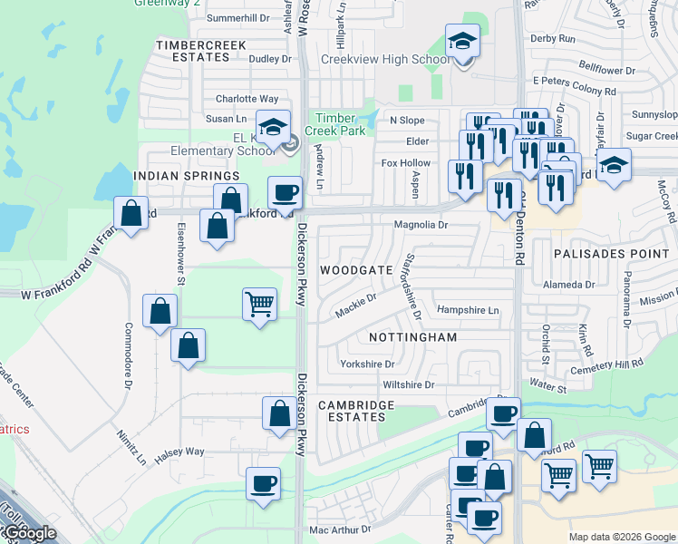 map of restaurants, bars, coffee shops, grocery stores, and more near 1207 Sycamore Drive in Carrollton