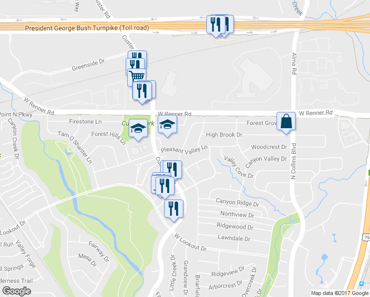 map of restaurants, bars, coffee shops, grocery stores, and more near 2804 Forest Grove Drive in Richardson