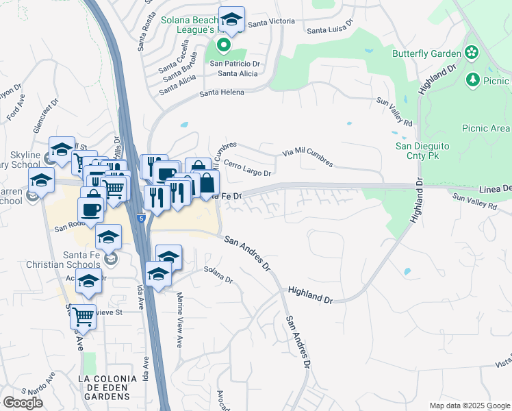 map of restaurants, bars, coffee shops, grocery stores, and more near 127 Ebano Court in Solana Beach
