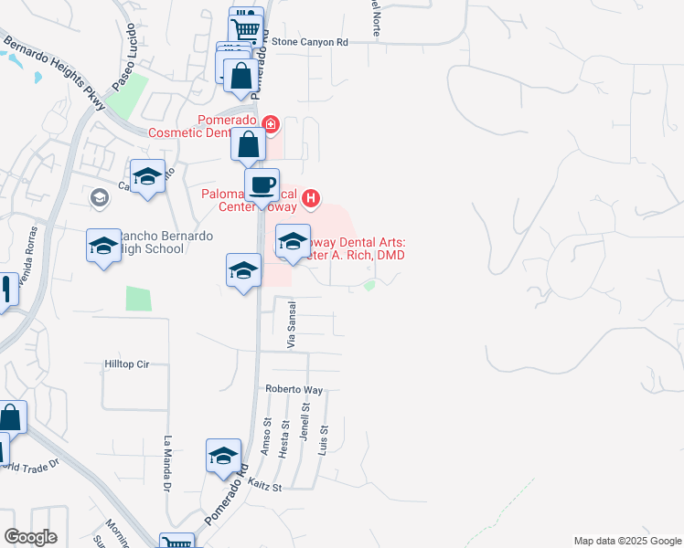 map of restaurants, bars, coffee shops, grocery stores, and more near 12696 Monte Vista Road in Poway