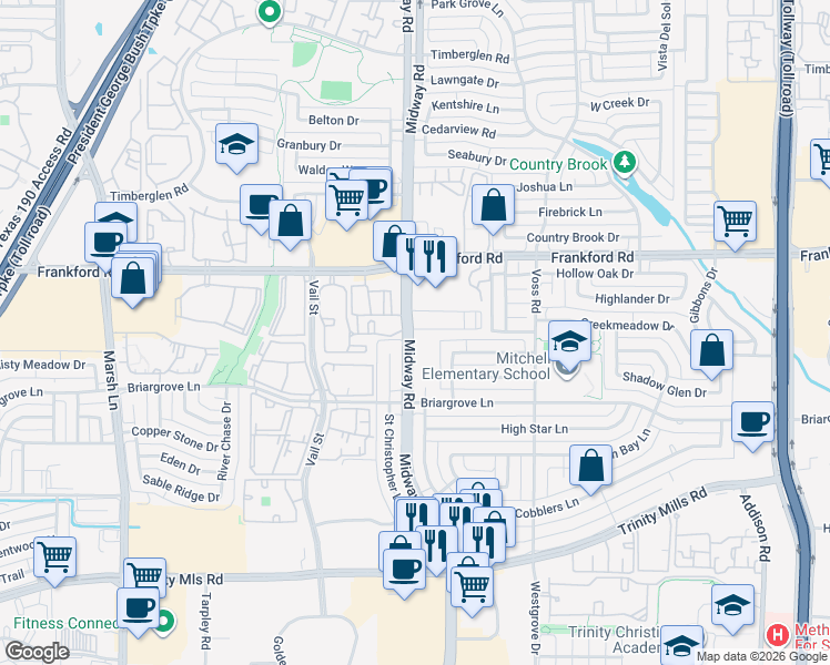 map of restaurants, bars, coffee shops, grocery stores, and more near 18040 Midway Road in Dallas