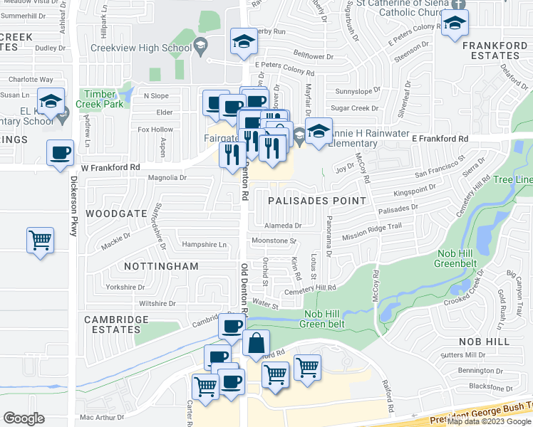 map of restaurants, bars, coffee shops, grocery stores, and more near 2909 Sunset Point Lane in Carrollton
