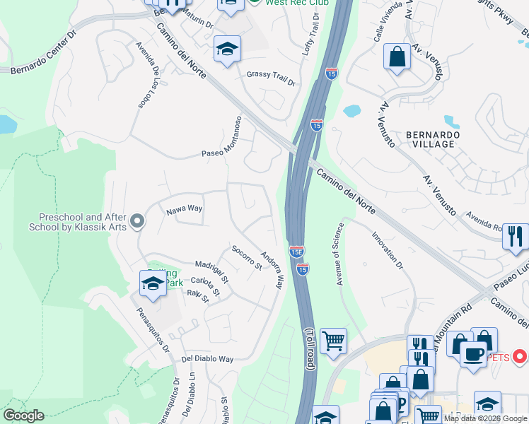 map of restaurants, bars, coffee shops, grocery stores, and more near 15457 Paseo Ajanta in San Diego