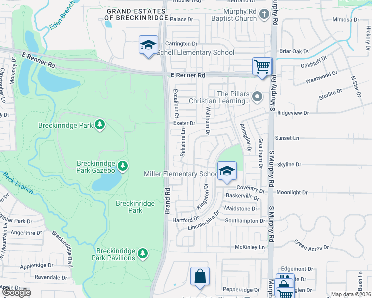 map of restaurants, bars, coffee shops, grocery stores, and more near 3315 Birkshire Lane in Richardson