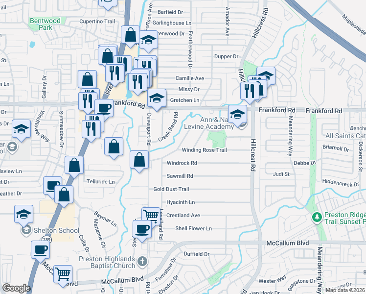 map of restaurants, bars, coffee shops, grocery stores, and more near 7110 Winding Creek Road in Dallas
