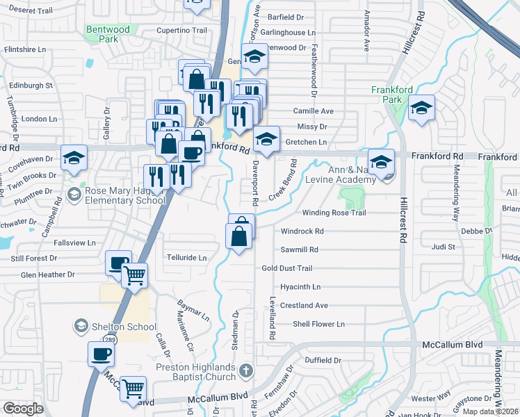 map of restaurants, bars, coffee shops, grocery stores, and more near 18000 Davenport Road in Dallas
