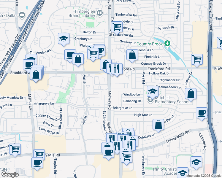 map of restaurants, bars, coffee shops, grocery stores, and more near 18040 Midway Road in Dallas