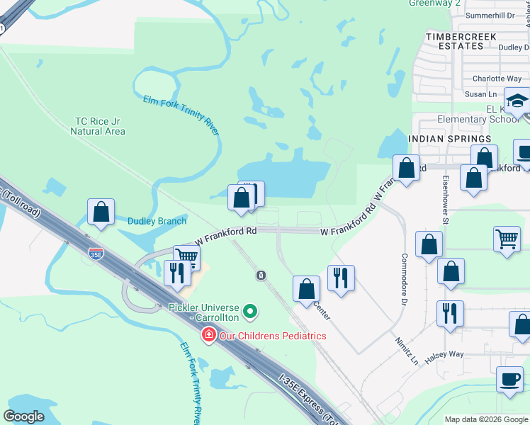 map of restaurants, bars, coffee shops, grocery stores, and more near 1712 West Frankford Road in Carrollton