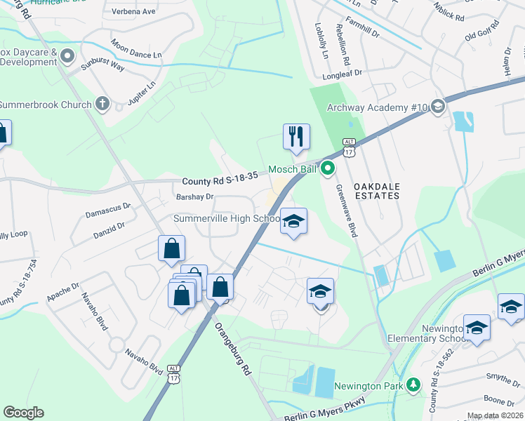 map of restaurants, bars, coffee shops, grocery stores, and more near 105 Barshay Court in Summerville