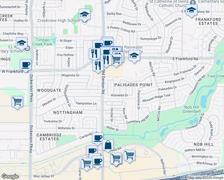 map of restaurants, bars, coffee shops, grocery stores, and more near 2909 Sunset Point Lane in Carrollton