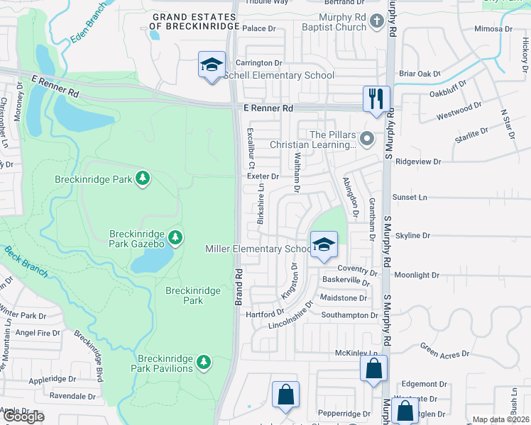 map of restaurants, bars, coffee shops, grocery stores, and more near 3315 Birkshire Lane in Richardson