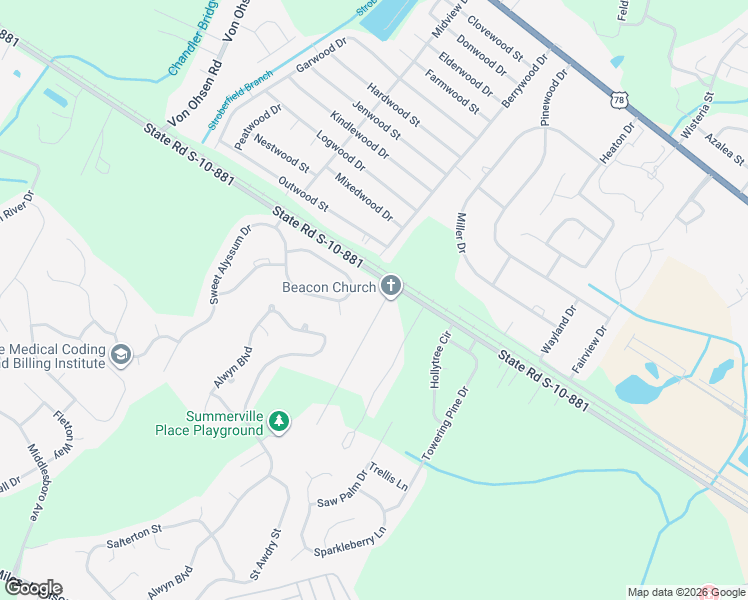 map of restaurants, bars, coffee shops, grocery stores, and more near 100 Barn Hill Road in Ladson