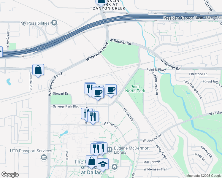 map of restaurants, bars, coffee shops, grocery stores, and more near 882 Synergy Park Boulevard in Richardson