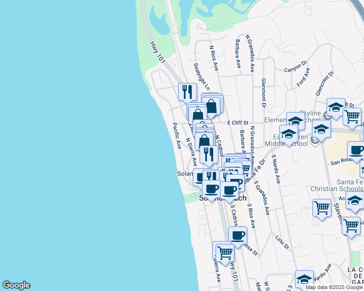 map of restaurants, bars, coffee shops, grocery stores, and more near 319 Clark Street in Solana Beach