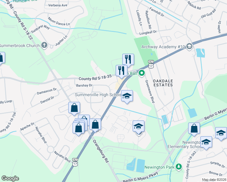 map of restaurants, bars, coffee shops, grocery stores, and more near 109 Barshay Court in Summerville