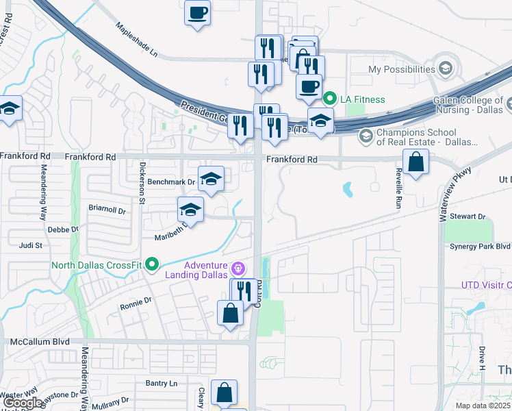 map of restaurants, bars, coffee shops, grocery stores, and more near 17917 Coit Road in Dallas