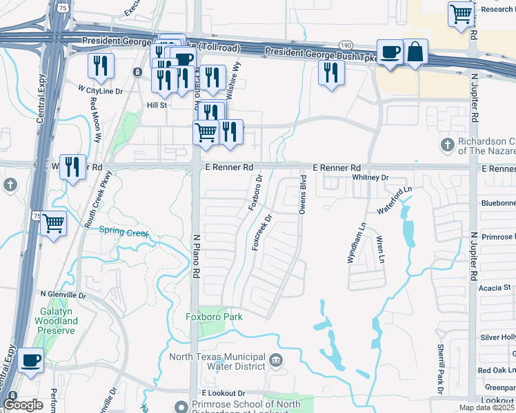 map of restaurants, bars, coffee shops, grocery stores, and more near 3201 Foxboro Drive in Richardson