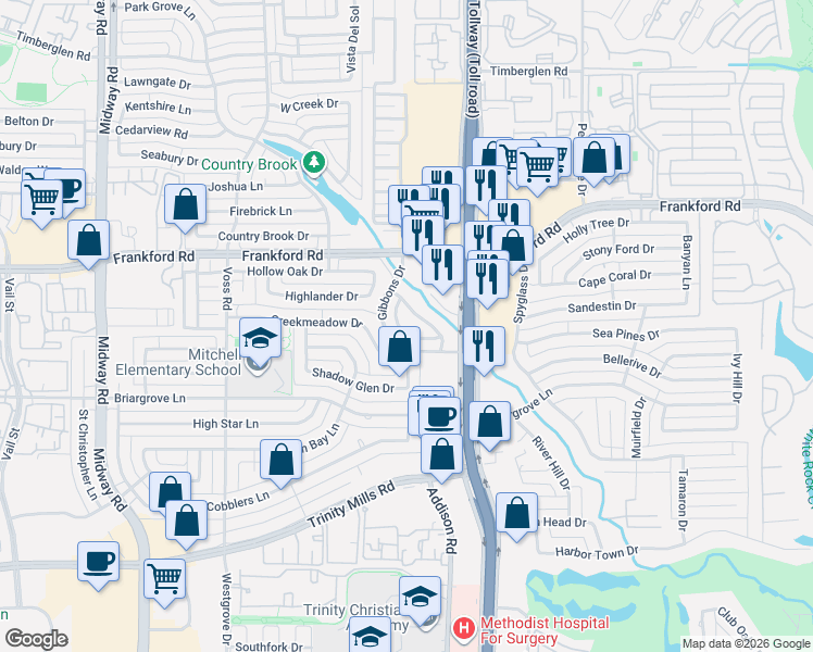 map of restaurants, bars, coffee shops, grocery stores, and more near 17936 Castle Bend Drive in Dallas