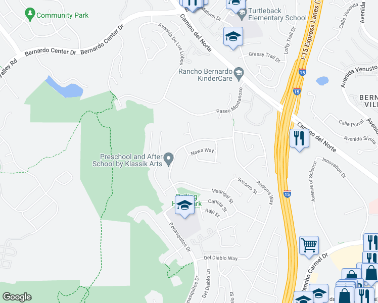 map of restaurants, bars, coffee shops, grocery stores, and more near 11364 Nawa Way in San Diego