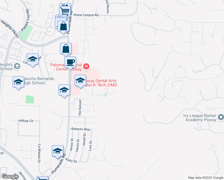 map of restaurants, bars, coffee shops, grocery stores, and more near 12738 Monte Vista Road in Poway
