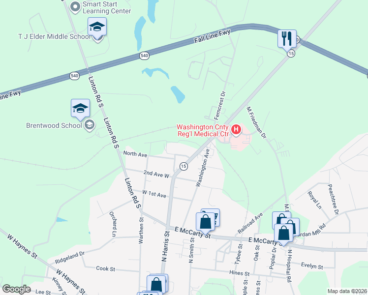 map of restaurants, bars, coffee shops, grocery stores, and more near 514 North Harris Street in Sandersville