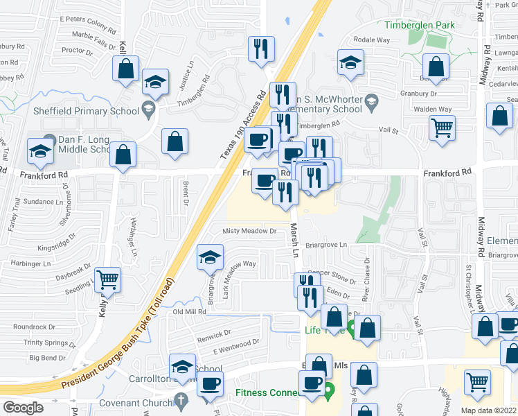 map of restaurants, bars, coffee shops, grocery stores, and more near 18121 Marsh Lane in Dallas
