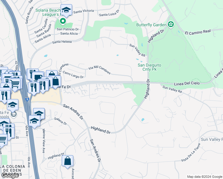map of restaurants, bars, coffee shops, grocery stores, and more near 135 Saltillo Court in Solana Beach