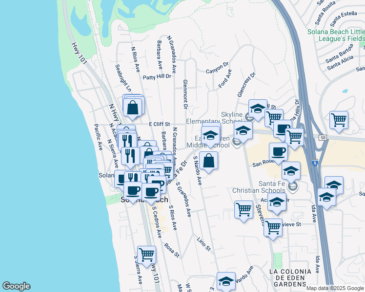 map of restaurants, bars, coffee shops, grocery stores, and more near 249 North Granados Avenue in Solana Beach
