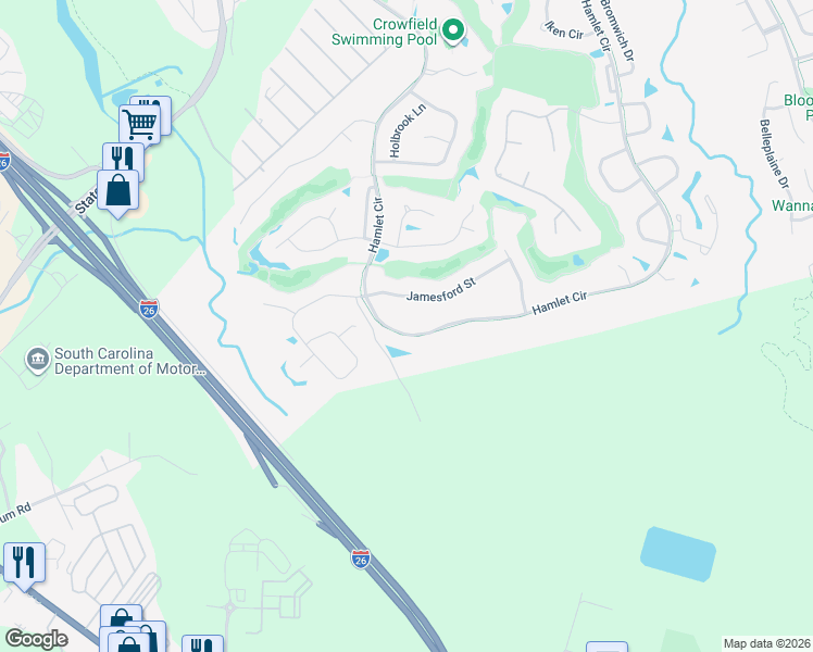 map of restaurants, bars, coffee shops, grocery stores, and more near 665 Hamlet Circle in Goose Creek