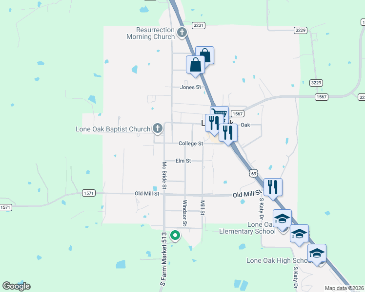 map of restaurants, bars, coffee shops, grocery stores, and more near 403 College Street in Lone Oak
