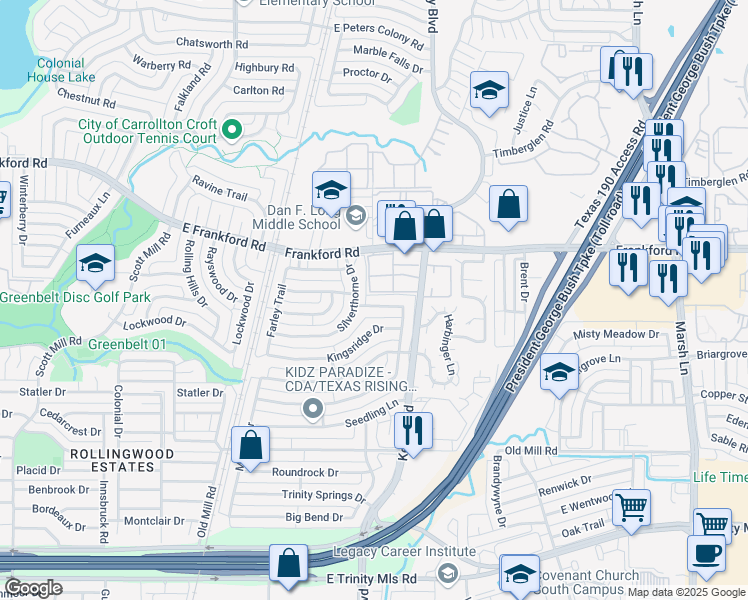 map of restaurants, bars, coffee shops, grocery stores, and more near 2611 Appledale Lane in Dallas