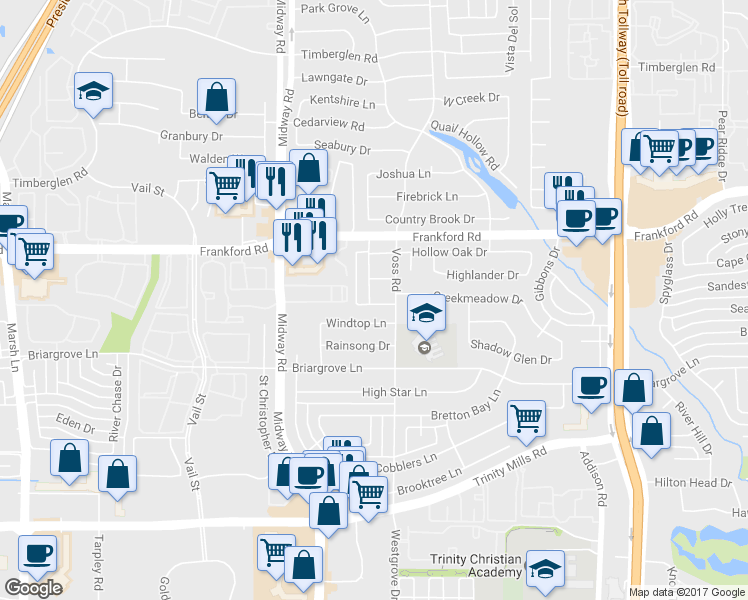 map of restaurants, bars, coffee shops, grocery stores, and more near 18063 Whispering Gables Lane in Dallas