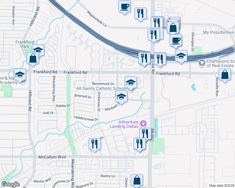 map of restaurants, bars, coffee shops, grocery stores, and more near 7606 Osage Plaza Parkway in Dallas
