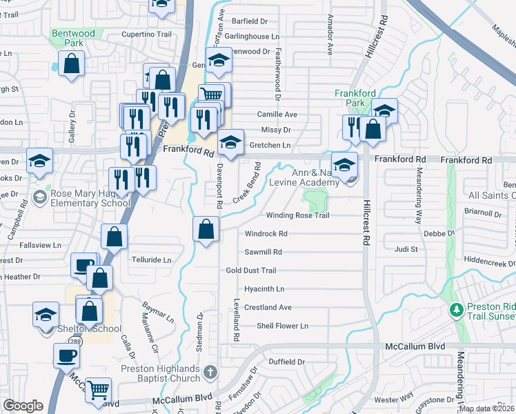 map of restaurants, bars, coffee shops, grocery stores, and more near 7016 Creek Bend Road in Dallas