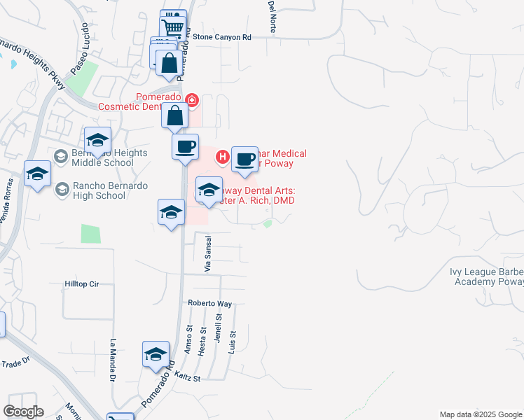 map of restaurants, bars, coffee shops, grocery stores, and more near 12738 Monte Vista Road in Poway