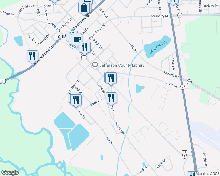 map of restaurants, bars, coffee shops, grocery stores, and more near 306 Old US Highway 1 in Louisville