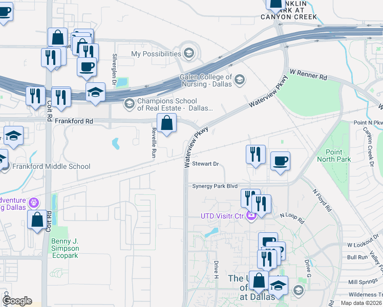 map of restaurants, bars, coffee shops, grocery stores, and more near 18325 Waterview Parkway in Dallas