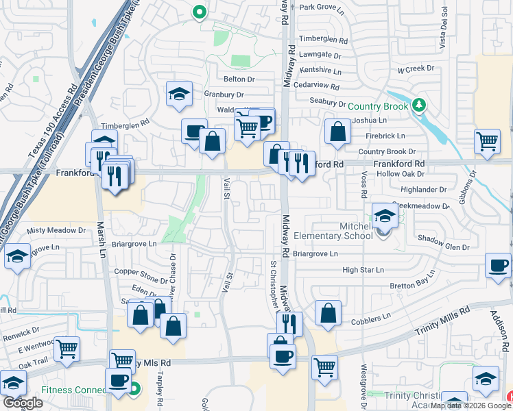 map of restaurants, bars, coffee shops, grocery stores, and more near 18081 Midway Road in Dallas