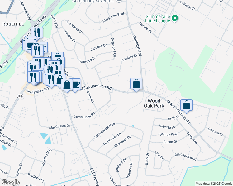 map of restaurants, bars, coffee shops, grocery stores, and more near 410 Miles Jamison Road in Summerville