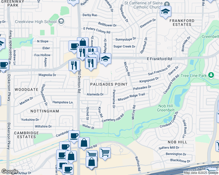 map of restaurants, bars, coffee shops, grocery stores, and more near 2919 Menlo Park Lane in Carrollton