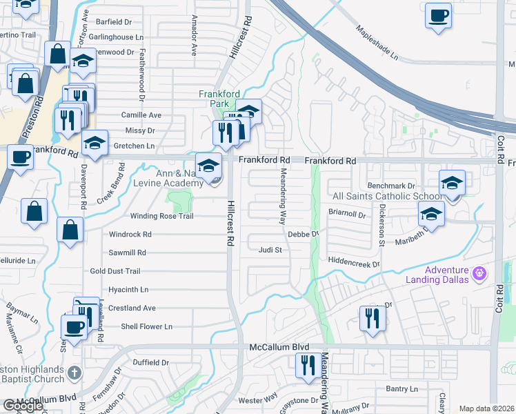 map of restaurants, bars, coffee shops, grocery stores, and more near 7020 Bremerton Drive in Dallas