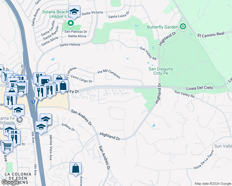 map of restaurants, bars, coffee shops, grocery stores, and more near 115 Vallarta Court in Solana Beach