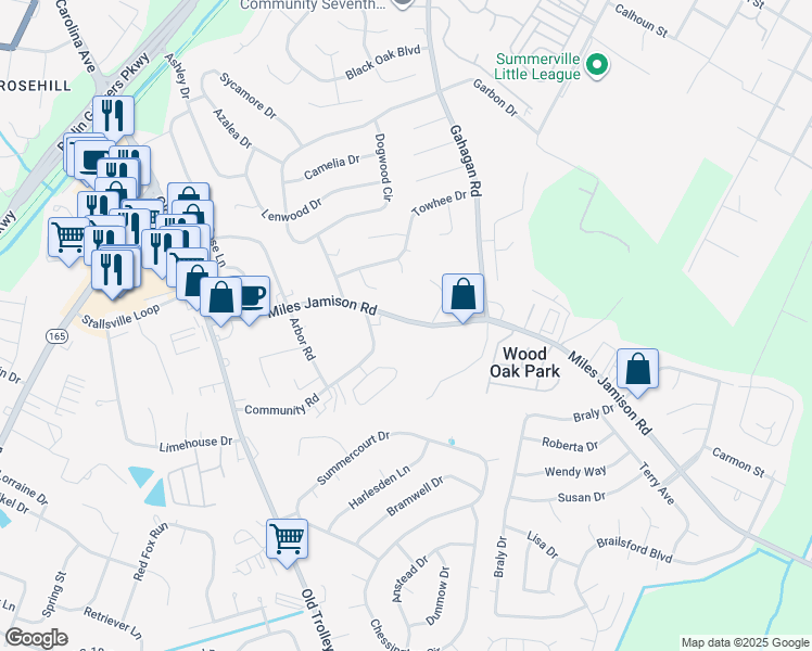 map of restaurants, bars, coffee shops, grocery stores, and more near 410 Miles Jamison Road in Summerville